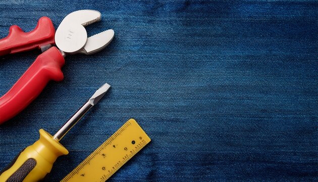 toy plastic tools on denim background with copy space on top