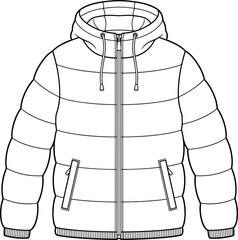 Detailed black and white vector illustration of hooded puffer jacket with quilted sections, zipper, pockets, and ribbed cuffs © SHANJIDA