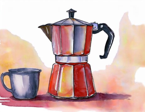a moka pot drawing in watercolor