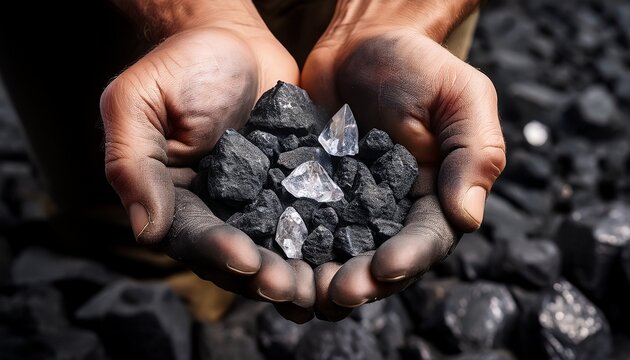 miners hands holding raw coal and diamonds in open pit mine