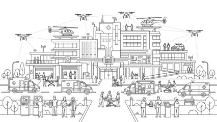 Fototapeta premium Front Elevation Smart Emergency Medical City Collection with Wearable Devices, Connected Healthcare Infrastructure and Technical Outline Vector