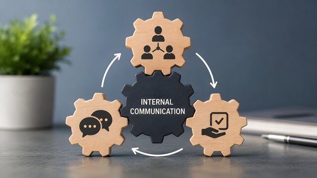 Internal communication workflow synergy concept featuring interlocking gears with human resources teamwork and corporate dialogue icons
