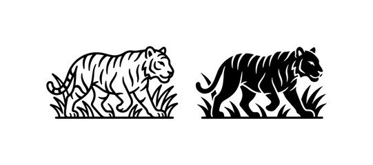 Tiger vector illustration set, walking wild cat line art, black and white jungle animal silhouette icons © Rokeya