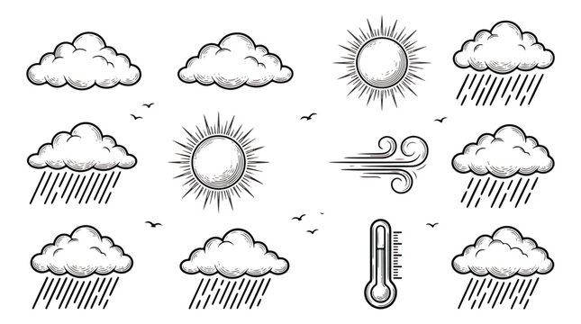 Vintage weather icons set, hand drawn sketch style meteorology symbols, black and white engraved sun and rain clouds vector, climate forecast elements