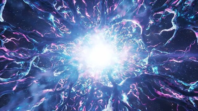 Abstract visual representation of a vibrant cosmic structure with intertwining branches and glowing elements, creating a mesmerizing tunnel effect in a dark space environment