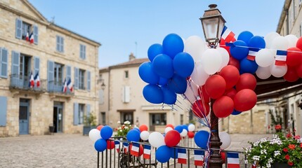 Blue white and red balloons tied to a lamppost in a town square. French flags on stone buildings for Bastille Day celebration