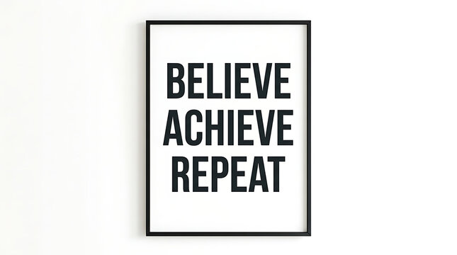Believe Achieve Repeat framed motivational quote on a white wall, inspiring words for success and personal growth