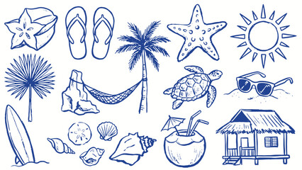 Tropical beach illustration with sand dollar palm hammock starfish sun surfboard seashells turtle sunglasses coconut drink and hut © Abdul Waheed Studio