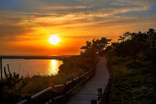 Sunset view along the walking path at Songaksan trail on Jeju Island in South Korea