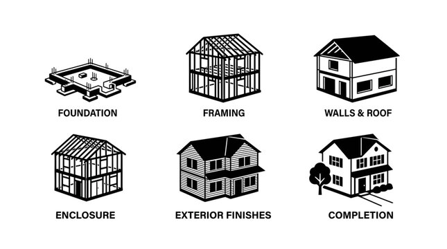 House Construction Stages: Foundation to Completion - Vector Icons
