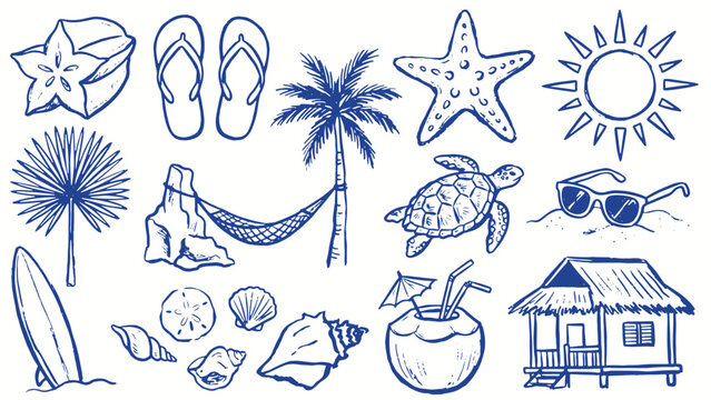 Tropical beach illustration with sand dollar palm hammock starfish sun surfboard seashells turtle sunglasses coconut drink and hut