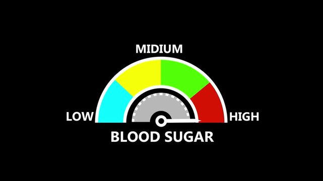 Animated BLOOD SUGAR meter moving from low level to high level, perfect for concepts related to self-esteem, motion graphic of perfect meter concept.
