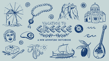 Greek culture sketchbook illustration with windmill monastery domed church statue feta octopus ship olive bouzouki and evil eye motifs © Abdul Waheed Studio