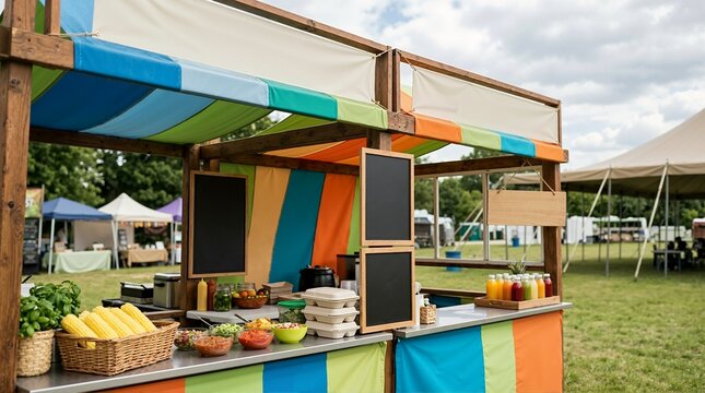Colorful food vendor booth at an outdoor summer festival. Street food stall with fresh corn, salads, and juices on the counter. Blank chalkboard menu with copy space