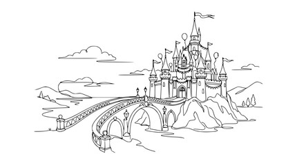 Obraz premium Fantasy Castle Drawing, Fairytale Palace Outline, Bridge, Clouds, Enchanted Kingdom Sketch