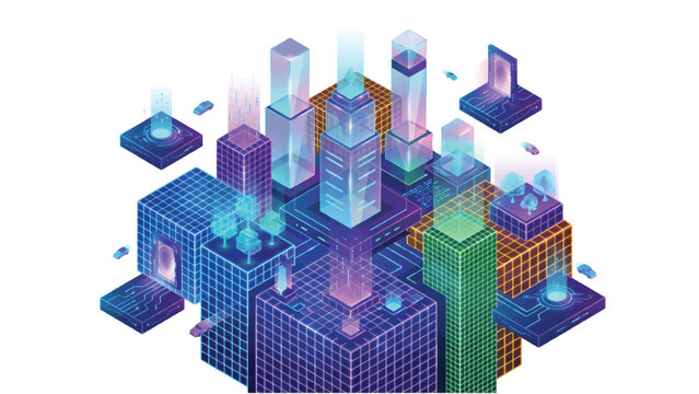 Isometric smart city technology concept, futuristic digital urban landscape with glowing data towers, neon cyber metropolis vector illustration