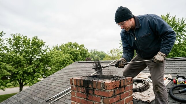 Chimney sweep cleaning a brick chimney on a roof. Professional worker using a wire brush for maintenance on a residential house