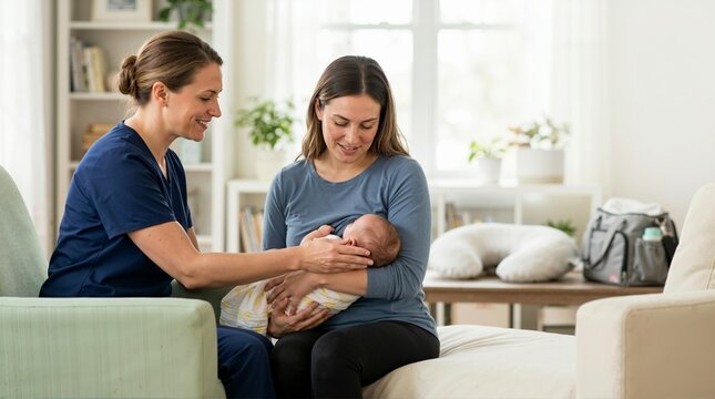 Lactation consultant helping a mother breastfeed her newborn baby at home. Professional postpartum support during World Breastfeeding Week