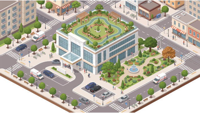 Isometric modern hospital building with green rooftop garden, eco-friendly medical center architecture, sustainable urban healthcare facility vector