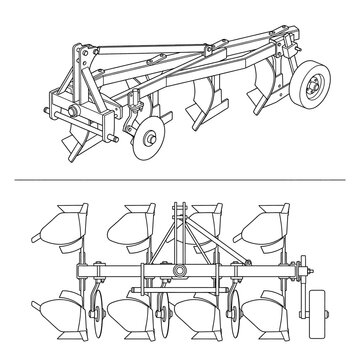 Technical line art drawing of a multi furrow tractor mounted moldboard plow.