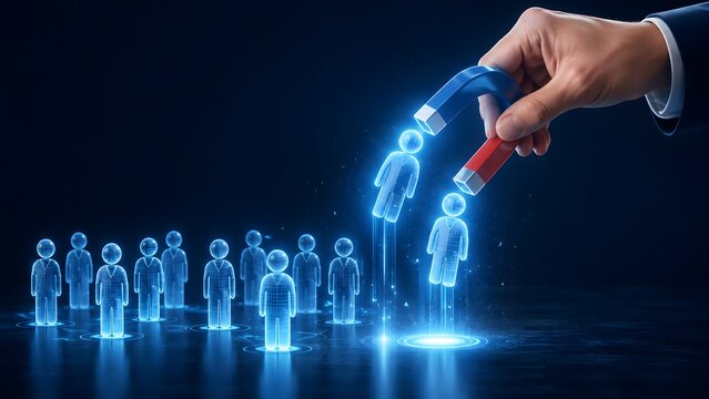 Customer retention and talent acquisition recruitment strategy featuring hand holding magnet attracting digital human figures