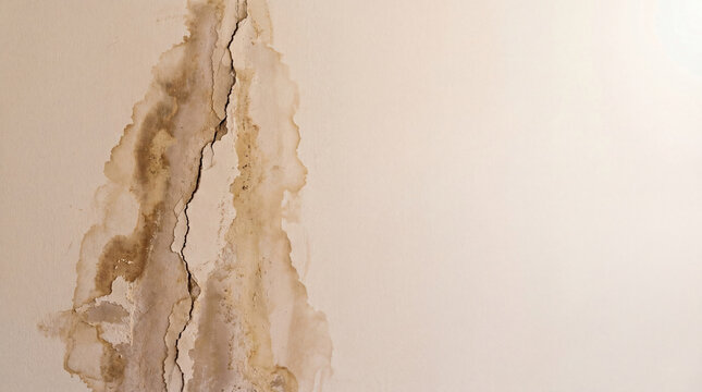 Large crack and water damage on white wall background. Damp spot with plaster breakage inside apartment. Concept of home renovation, building decay, maintenance and structural problem.