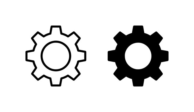 Two Gear Icons, Outline and Solid Black, Representing Mechanics, Engineering, and Industry Concepts