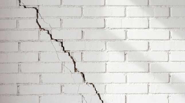 Large diagonal crack across white painted brick wall. Structural damage to old masonry surface. Construction problem, house renovation need, decay and failure concept in background.