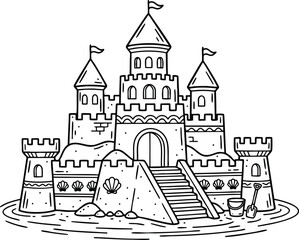 Naklejka premium Detailed sandcastle illustration with flags and seashells