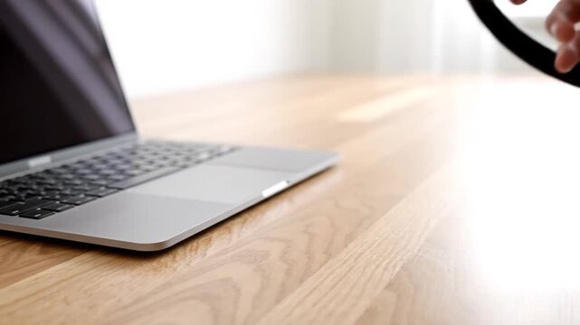 A person reaches for and picks up black over-ear headphones from a light wood desk next to a silver laptop in a bright workspace.
