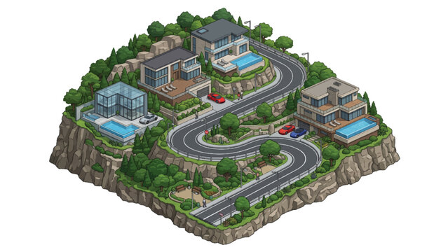 Isometric residential neighborhood vector, modern suburban housing development with city park, urban planning map with houses and streets