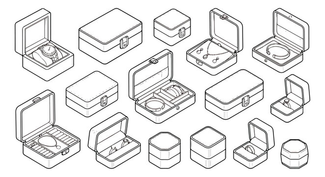Isometric jewelry box vector set, luxury gift packaging line icons, 15 jewelry storage containers for watches and rings, minimalist outline product display