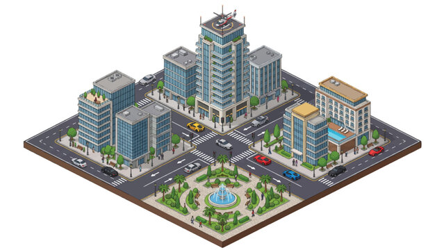 Isometric city block with modern skyscrapers, urban district vector with office buildings and park, metropolitan street intersection with cars