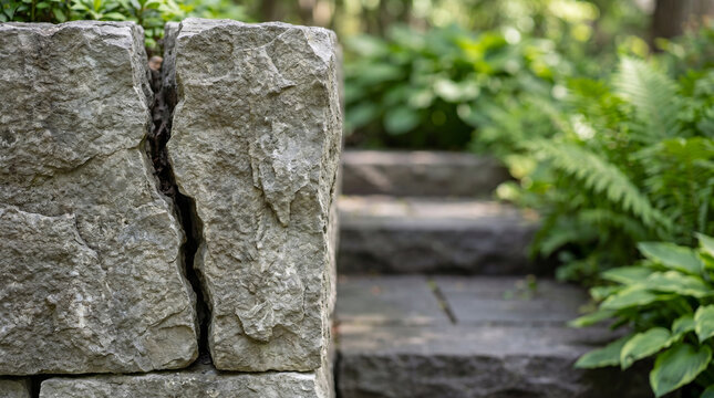 Cracked stone block forming a retaining wall near garden stairs. Structural damage to masonry in a natural outdoor landscape. Concept of erosion, aging, and fragility in construction.