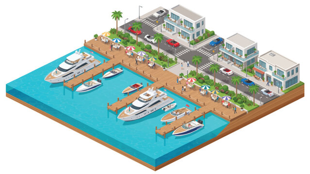 Isometric marina waterfront vector, luxury yacht harbor with coastal buildings, seaside resort town with boats and cars, nautical pier landscape