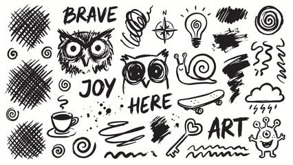 Creative doodle collage with owls snail compass coffee skateboard alien heart and motivational words on white background © Abdul Waheed Studio