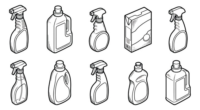 Isometric cleaning supplies vector set, 10 household detergent bottles and spray icons, black and white line art cleaning products for housekeeping