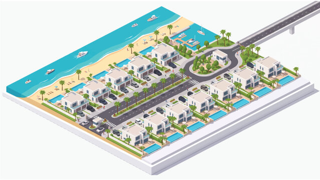 Isometric coastal resort town with luxury villas and swimming pools, modern beachfront neighborhood vector, tropical seaside residential community