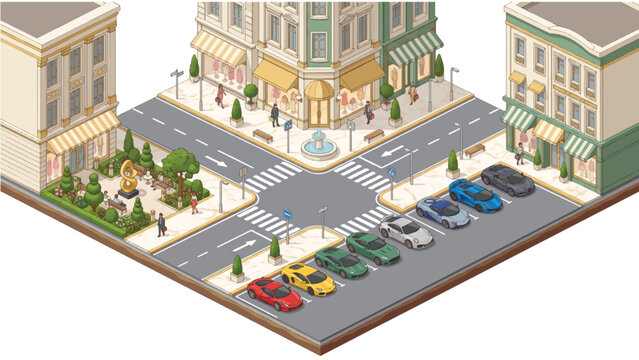 Isometric city street intersection with classic architecture, urban town square with shops and parking lot, miniature vector cityscape map