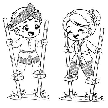 Coloring Page of Boy and Girl Playing Traditional Indonesian Bamboo Stilts Egrang Game