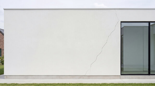 Large diagonal crack on exterior white plaster wall of modern house. Structural damage on building facade. Construction failure and foundation issue concept. Asset for home repair.
