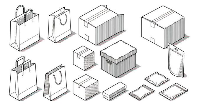 Isometric packaging mockup set with cardboard boxes and shopping bags. Minimalist delivery parcel collection. 13 line art vector elements for retail branding.