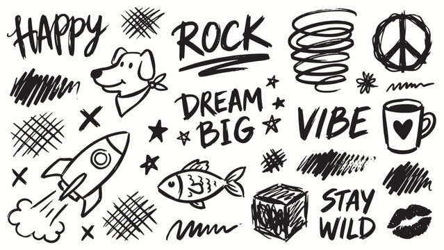 Playful doodle collage with dog rocket fish cube coffee peace symbol stars and motivational words on white background