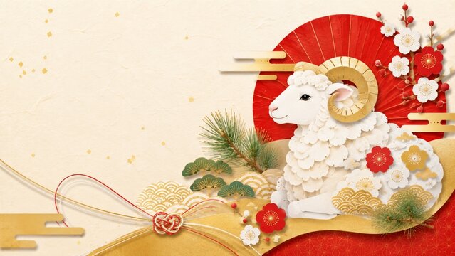 赤い日の丸と梅をあしらった未年の羊の和風年賀状デザイン