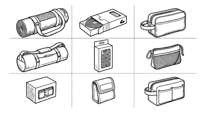 Minimalist product packaging icons, set of 9 black and white vector sketches, travel bags and retail box mockups for branding design