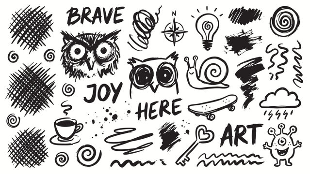 Creative doodle collage with owls snail compass coffee skateboard alien heart and motivational words on white background