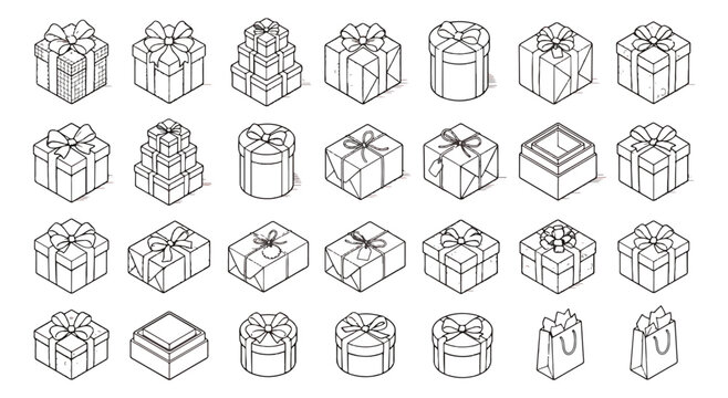 Isometric gift box icons set, 28 line art present boxes with ribbons and bows, minimalist black and white holiday package vector illustrations