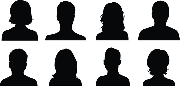 Eight Black Silhouette Busts of Men and Women with Various Hairstyles head shoulders