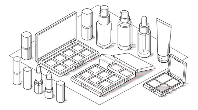 Isometric cosmetic products line art, beauty makeup collection with eyeshadow palettes and lipsticks, skincare bottles and tubes vector illustration