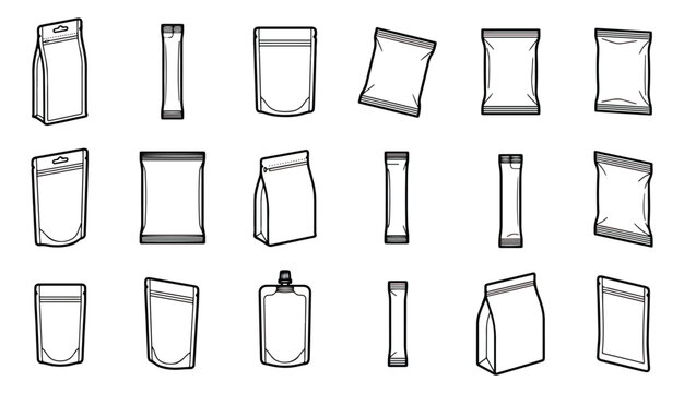 Minimalist flexible packaging icons, 18 white pouch and sachet vector set, clean line art food bag mockups for product branding and retail design